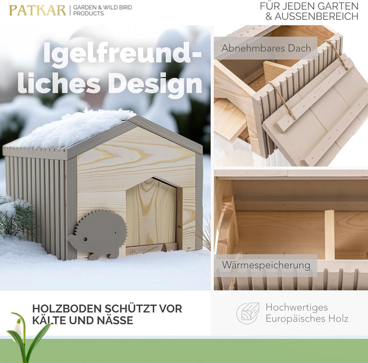 PATKAR Igelhaus Winterfest mit Boden [SCHÜTZT VOR FRESSFEINDEN] - Premium Igelfutterhaus (Made in Eu