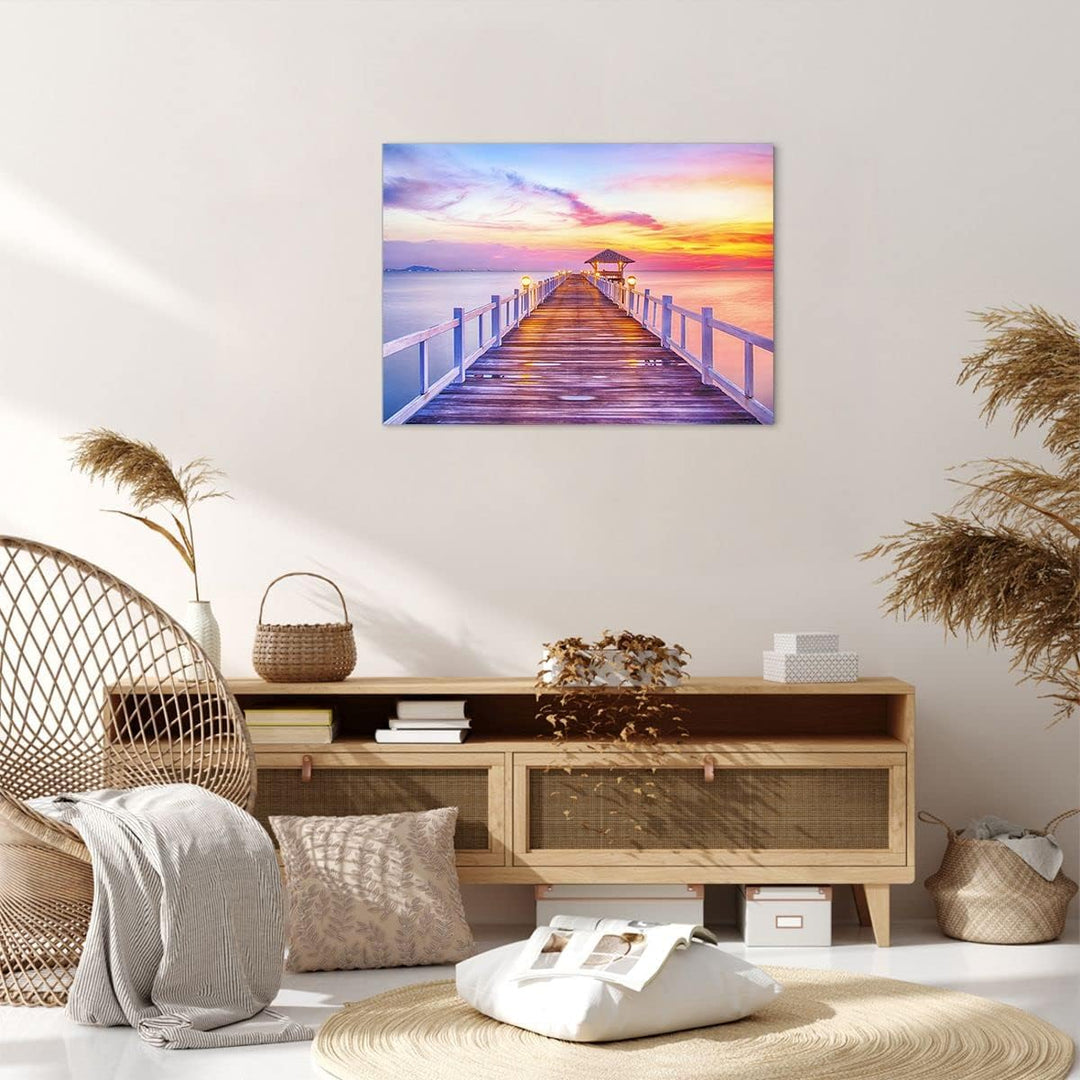 Bilder auf Leinwand Sonnenuntergang Wasser Brücke Horizont Leinwandbild 70x50cm Wandbilder Dekoratio