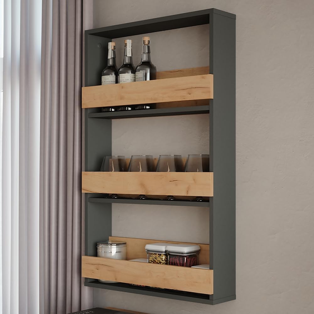 Vicco Weinglasregal Repose, Goldkraft Eiche/Anthrazit, 60 x 98 cm, zur Wandmontage mit Halterungen f