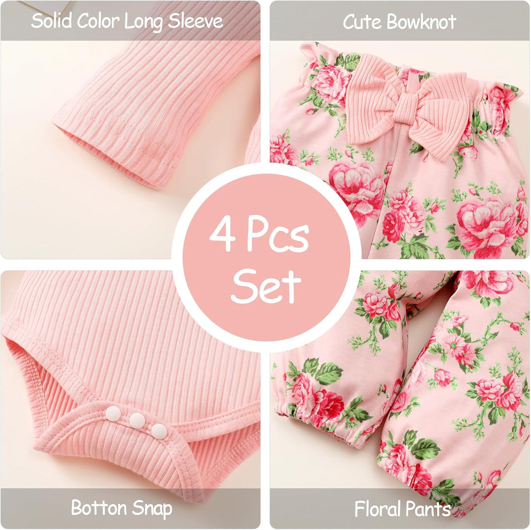 Neugeborenes Baby Mädchen Kleidung Kleinkind gerippt Ruffle lange Ärmel Strampler+ Floral Hosen+ Sti