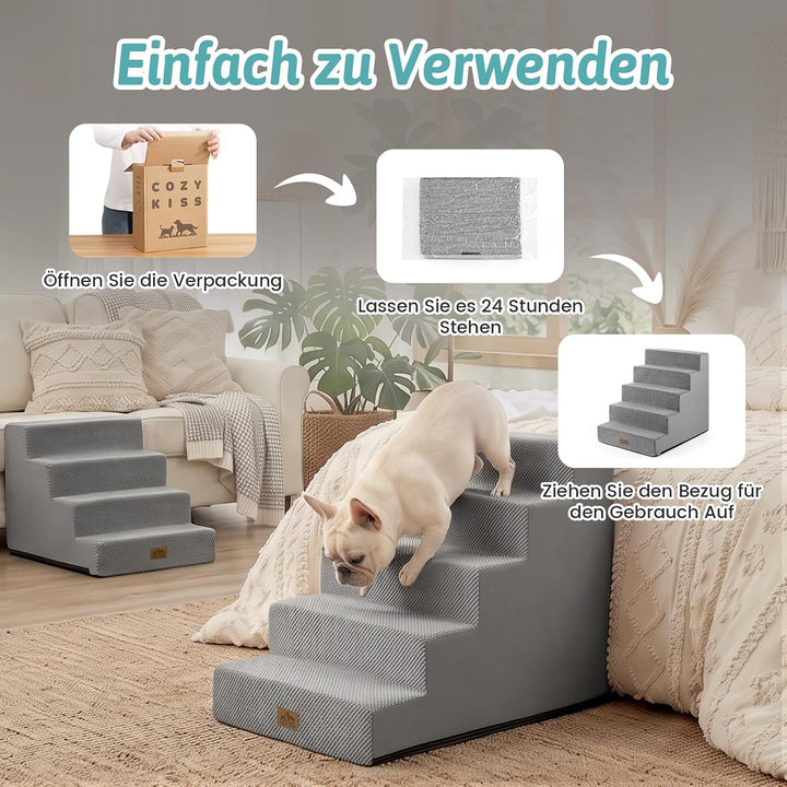 COZY KISS Hundetreppe für Kleine Hunde, 5 Stufen Breiter Haustiertreppe für Bett Couch Auto, 60cm Ho