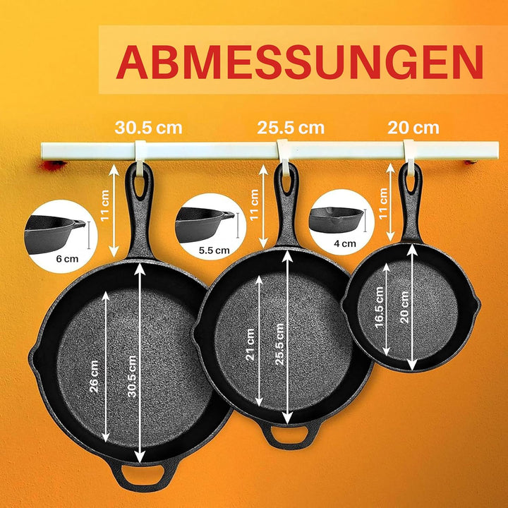 NutriChef Gusseisenpfanne Induktion – Cast Iron Pan, Cast Iron Skillet – Voreingebrante 3er Pan Set
