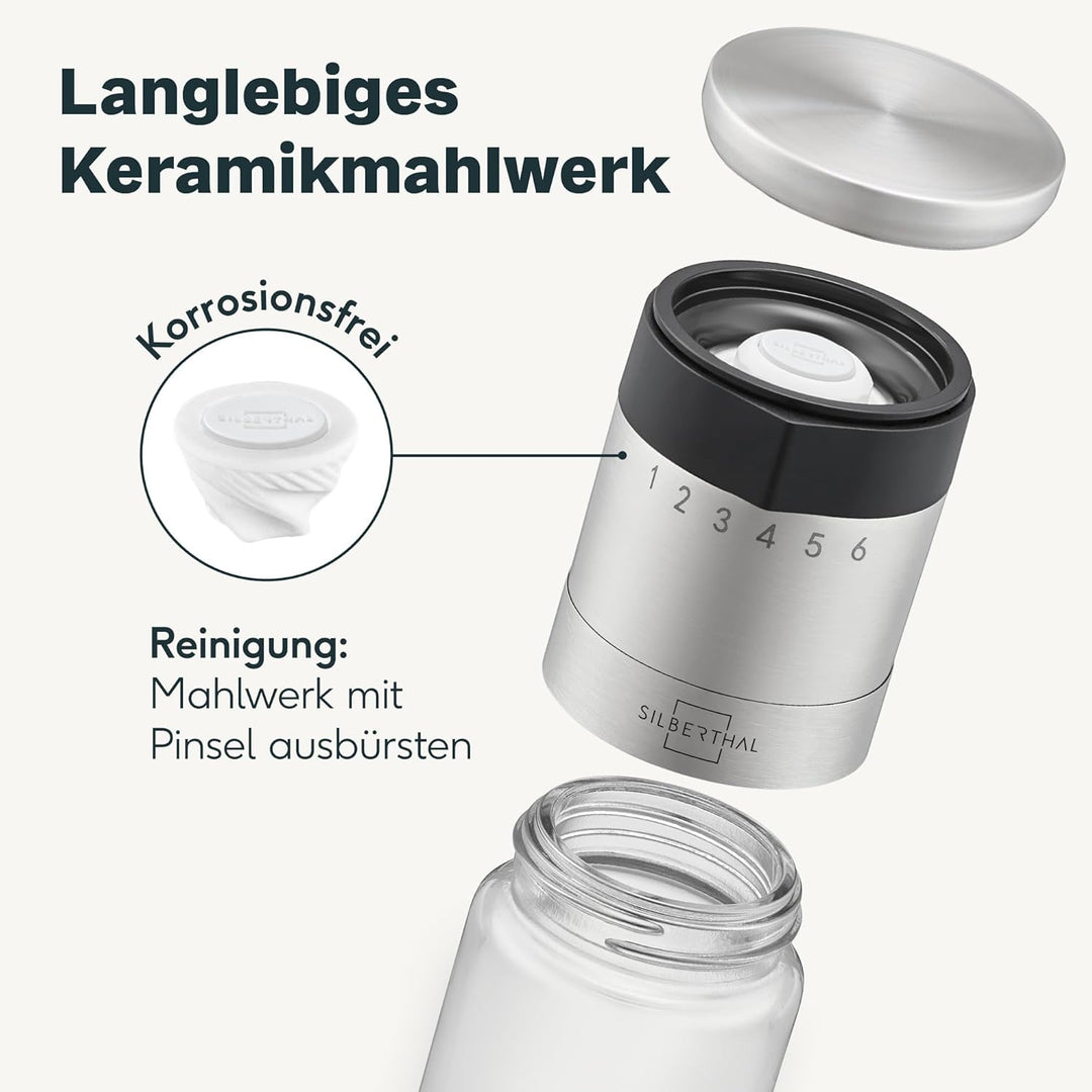 SILBERTHAL Pfeffer- & Salzmühle 2er Set – Mit aussenliegendem Einstellring - 6-Stufen-Mahlwerk, lang