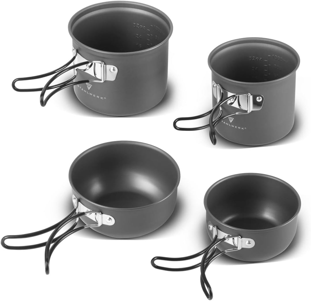 STAHLWERK Camping Kochtopf-Set 4-teilig aus Aluminium, Outdoor Kochgeschirr mit Antihaftbeschichtung