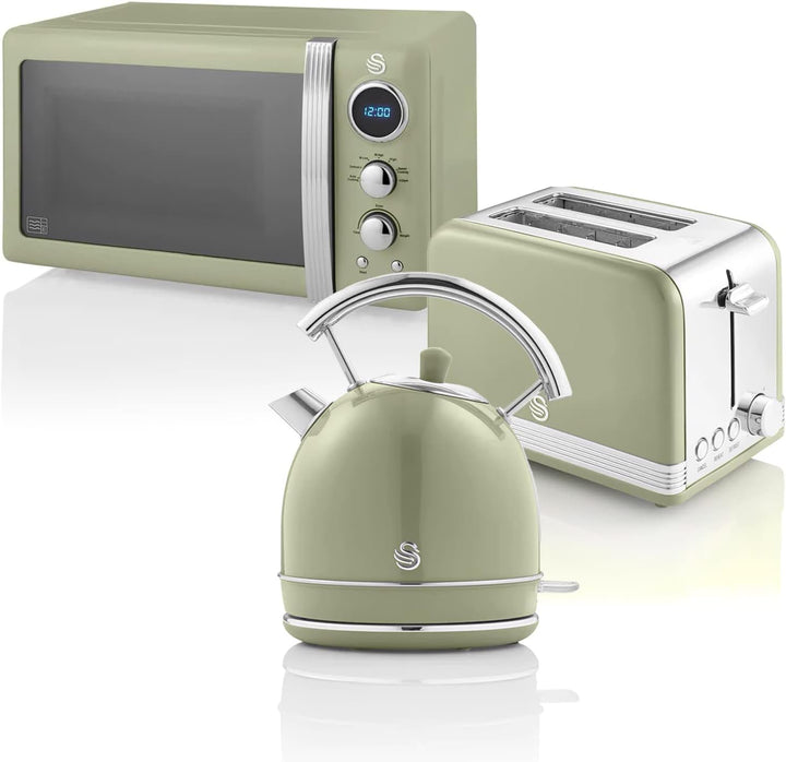 Swan Retro Frühstücks-Set 1,8 L Wasserkocher, 2 Scheiben Breitschlitz-Brottoaster, 20L Digital-Mikro