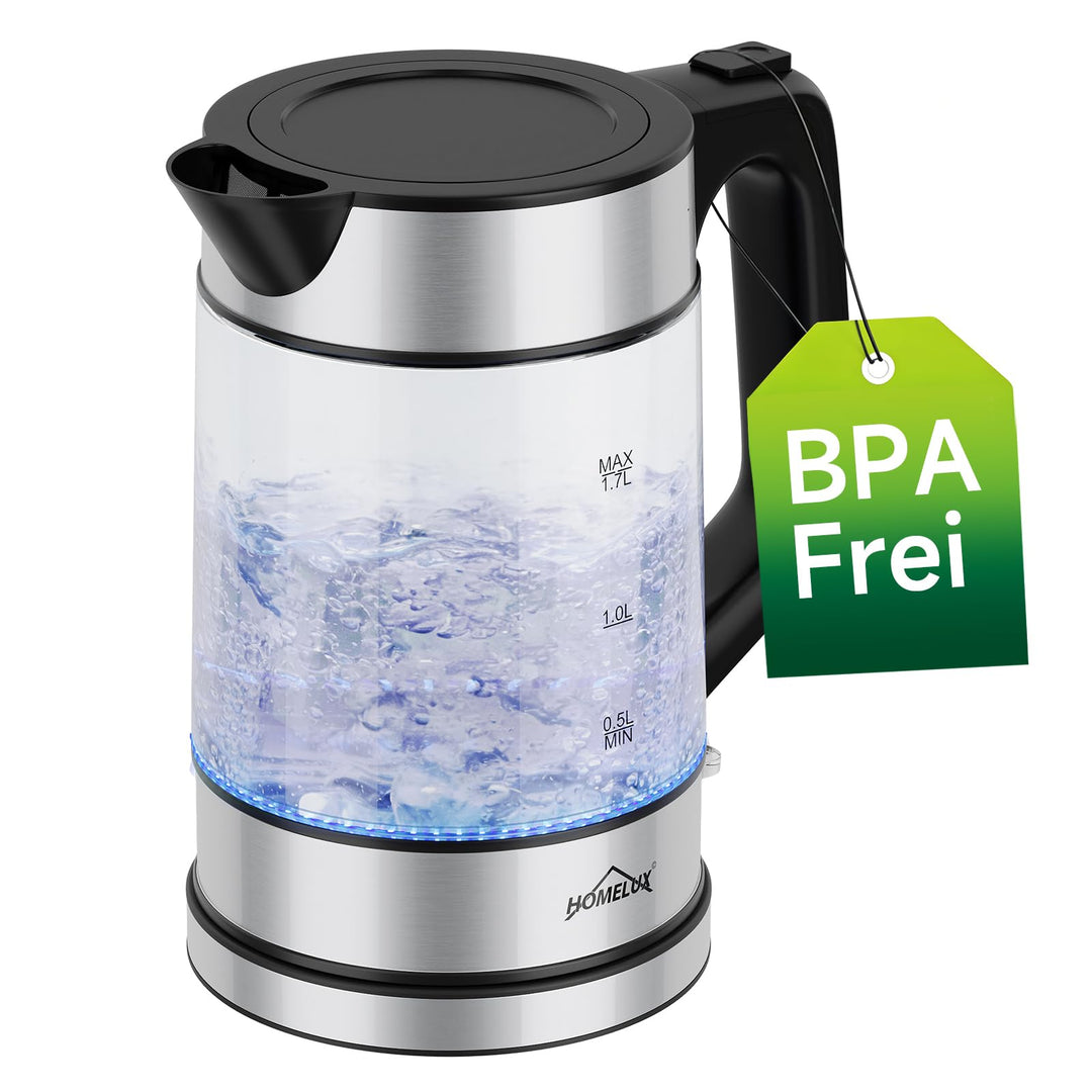Wasserkocher Glas, 1. 7L Teekocher Elektrisch mit Skalenstrichen, 2200 Watt Wasserkocher Durchsichti
