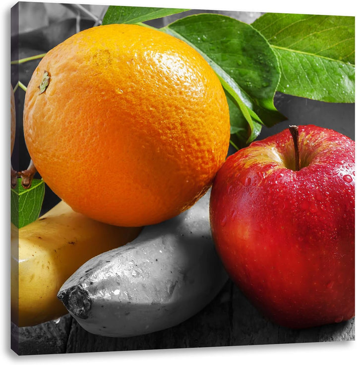 Pixxprint Apfel Banane Orange und Co. schwarz/weiss, Format: 70x70 als Leinwandbild, 70x70