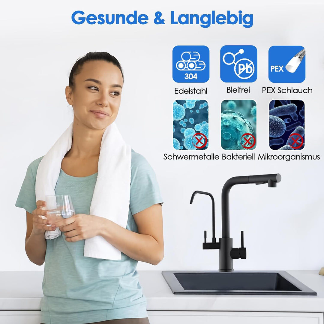 ROVOGO 3 Wege Wasserhahn Küche Edelstahl 304 mit Herausziehbare Dual-Spülbrause, Hochdruck Schwarz K