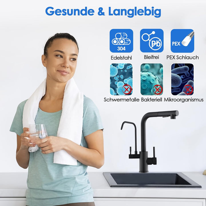 ROVOGO 3 Wege Wasserhahn Küche Edelstahl 304 mit Herausziehbare Dual-Spülbrause, Hochdruck Schwarz K