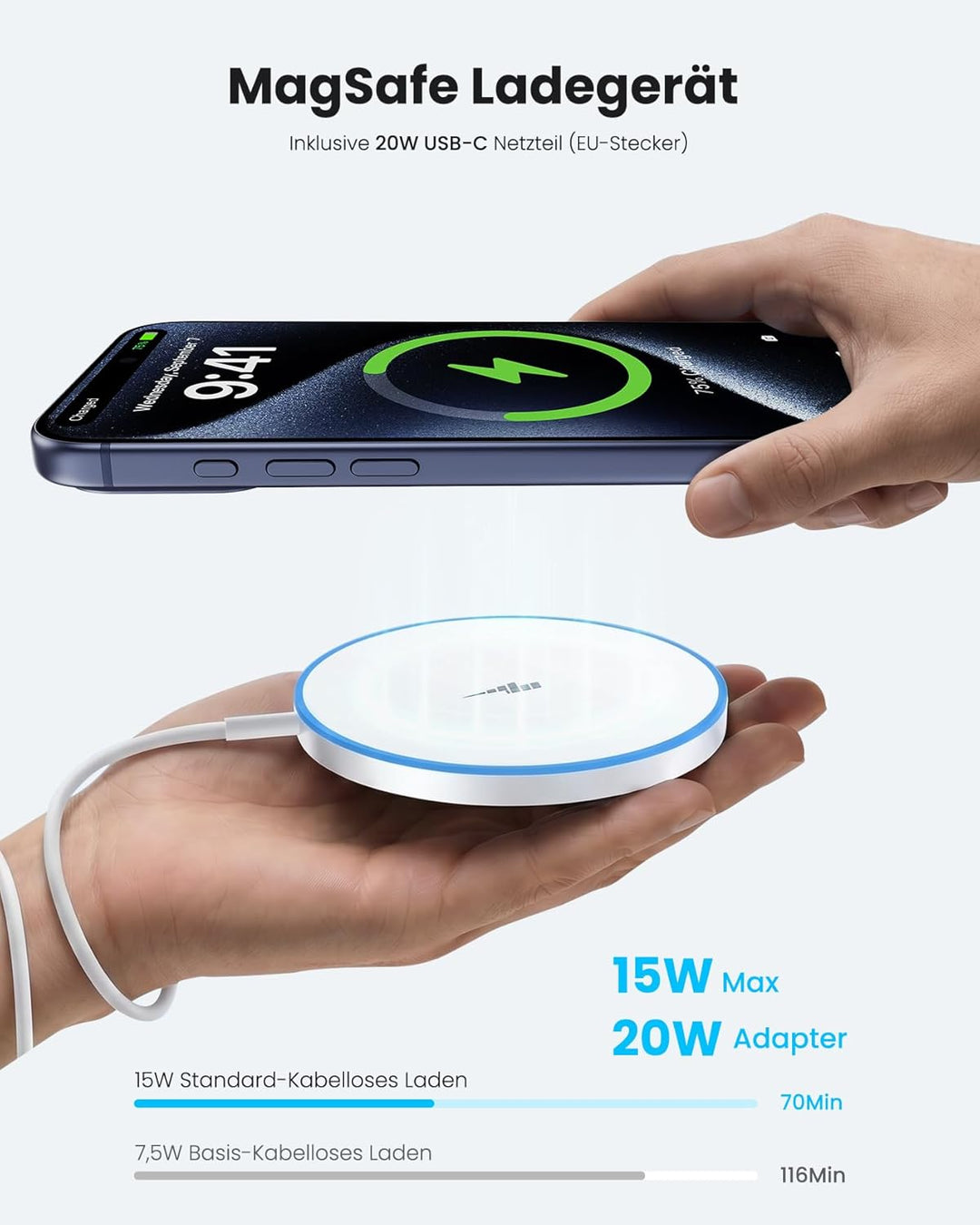Mag-Safe Ladegerät iPhone mit 20W Schnelles Adapter, Wireless Charger induktive ladestation für iPho