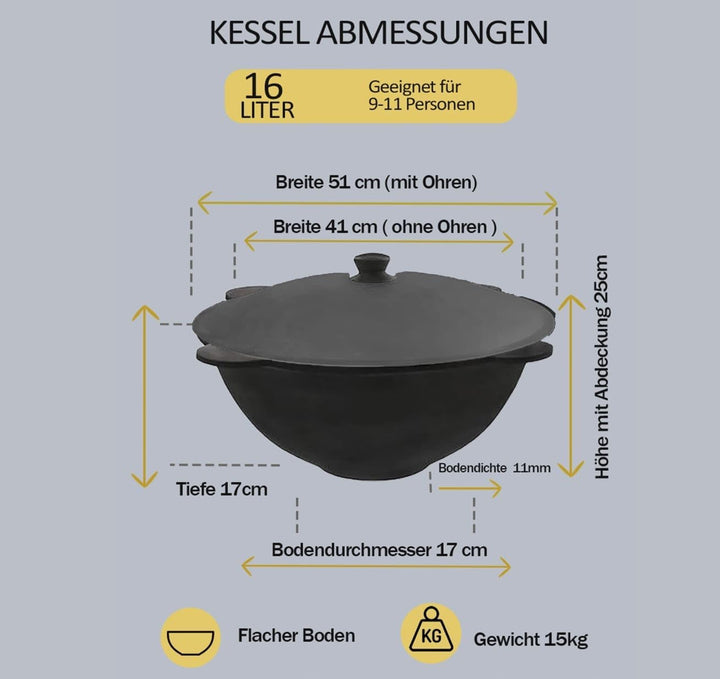 Kazan, hochwertiger Kazan 16l Gusseisen mit aluminium Deckel 44⌀, Kazan Gusseisen 16l, gusseisen top