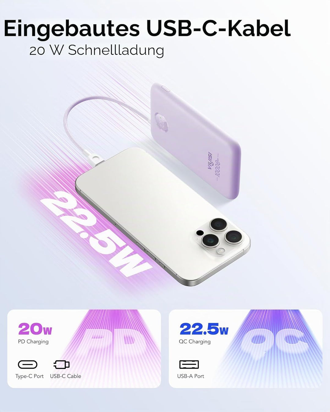 VIYISI Powerbank 10000mAh Ultradünn, 22.5W PD 20W Fast Charge mit Integriertem USB-C Kabel, LED-Anze