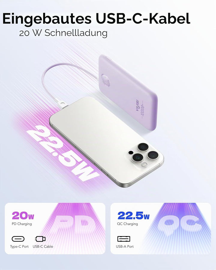 VIYISI Powerbank 10000mAh Ultradünn, 22.5W PD 20W Fast Charge mit Integriertem USB-C Kabel, LED-Anze