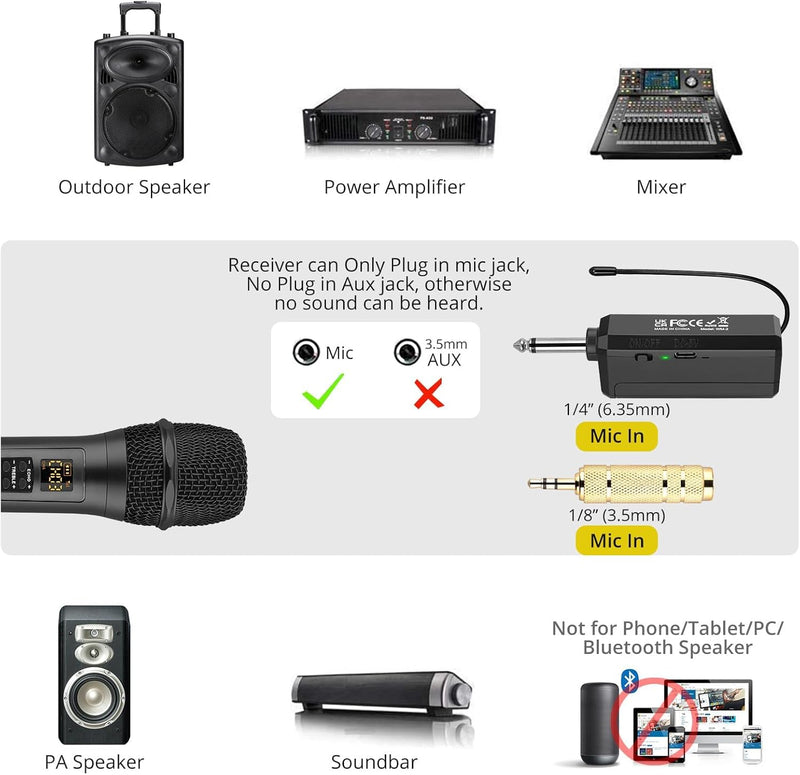 PROZOR Drahtloses Mikrofon UHF Handmikrofon Karaoke Mikrophone mit Wiederaufladbarem Empfänger Kabel