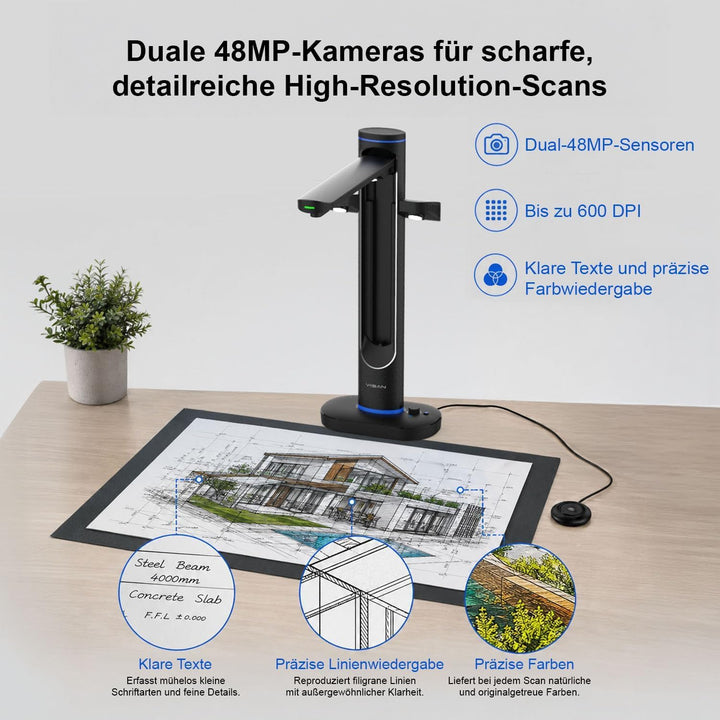 VIISAN S48 Duo Professioneller A2/A3 Buchscanner, Dual 48MP CMOS-Sensoren, 600 DPI, Automatisches Gl