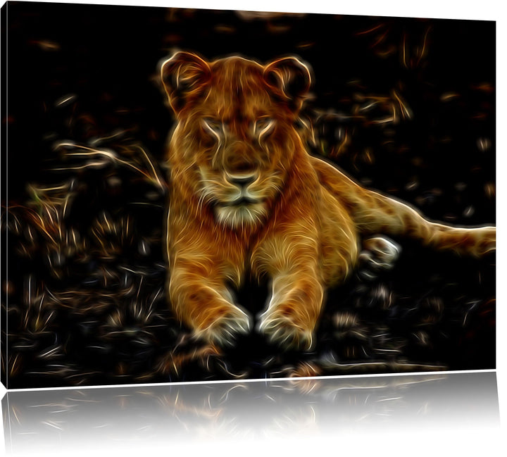 Dark Löwin ruht auf Boden Deluxe Format: 100x70 cm auf Leinwand, XXL riesige Bilder fertig gerahmt m
