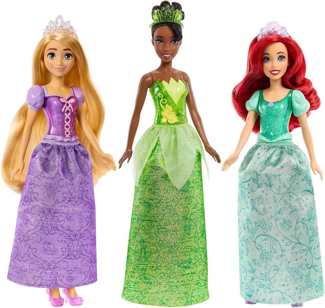 DISNEY Prinzessin 3er-Pack - Tiana, Rapunzel und Arielle mit Accessoires, abnehmbarem Diadem und Sch