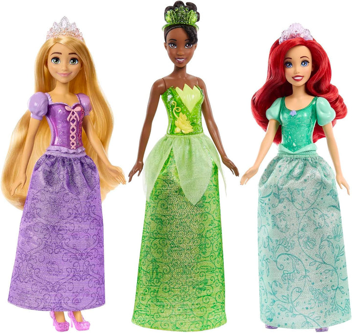 DISNEY Prinzessin 3er-Pack - Tiana, Rapunzel und Arielle mit Accessoires, abnehmbarem Diadem und Sch