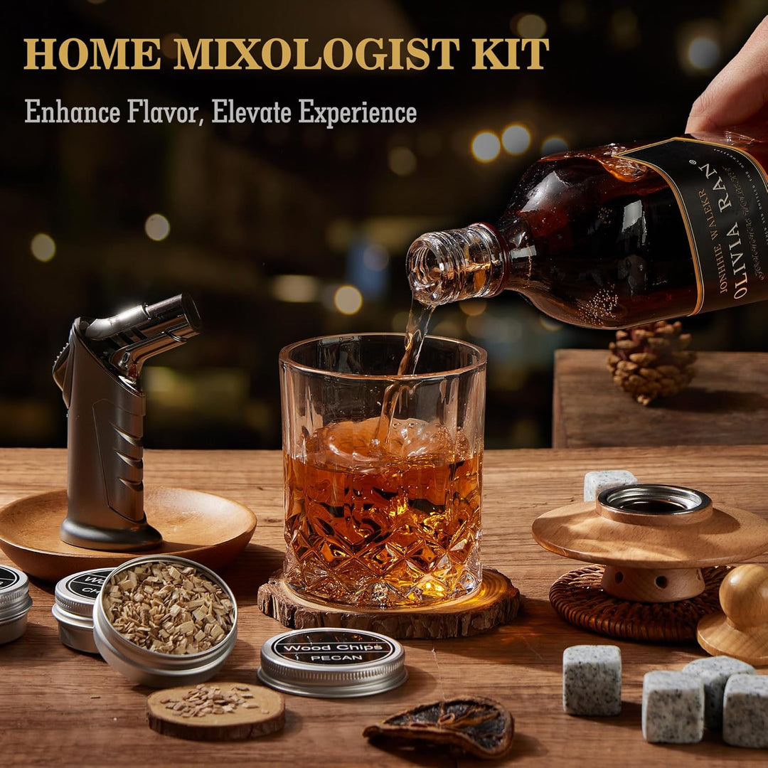 Cocktail Räucherset mit Fackel - Whiskey Smoker Kit mit 6 Holzspäne & 6 Granit Whiskey Steine - Old