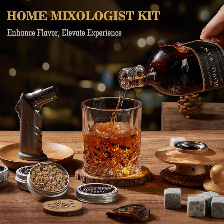 Cocktail Räucherset mit Fackel - Whiskey Smoker Kit mit 6 Holzspäne & 6 Granit Whiskey Steine - Old