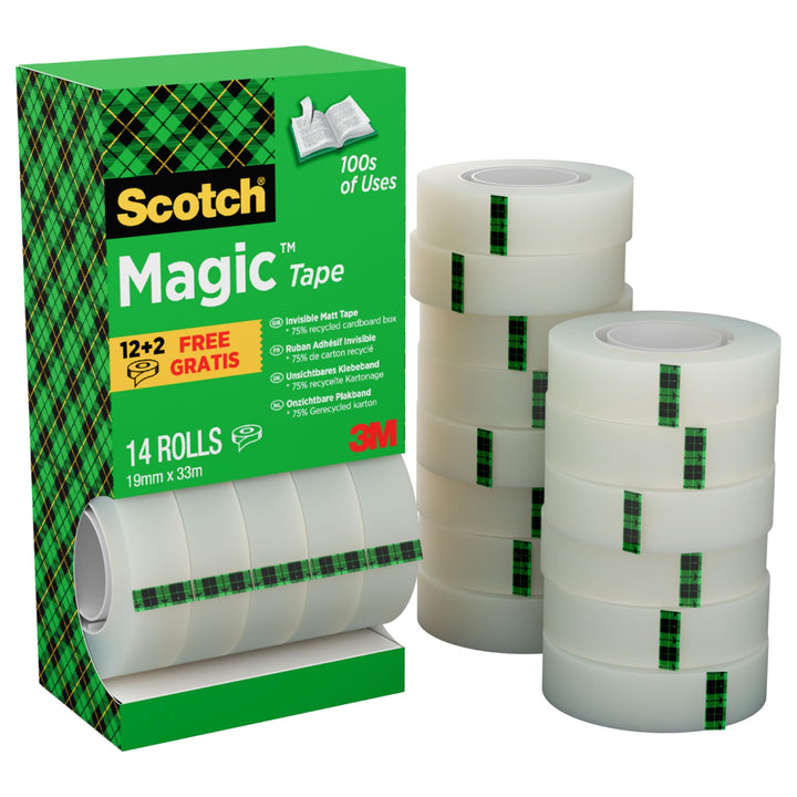 Scotch Magic Tape - Vorteilspack 14 Rollen, 19 mm x 33 m - Unsichtbares Klebeband für allgemeine Zwe