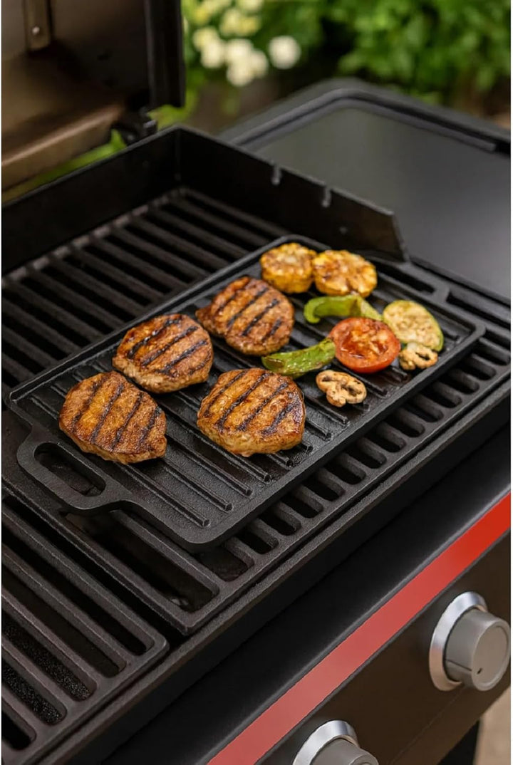 2 STK Gusseisenpfanne Rund D 31 cm, Grillplatte Länge 40 mit Griffe | Runde Servierpfanne und Grillp