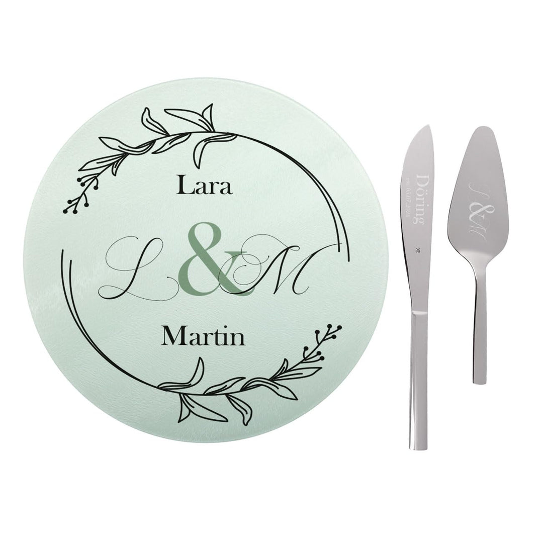 Herz & Heim® WMF Tortenbesteck zur Hochzeit mit passendem Tortenteller, personalisiert, Motivauswahl