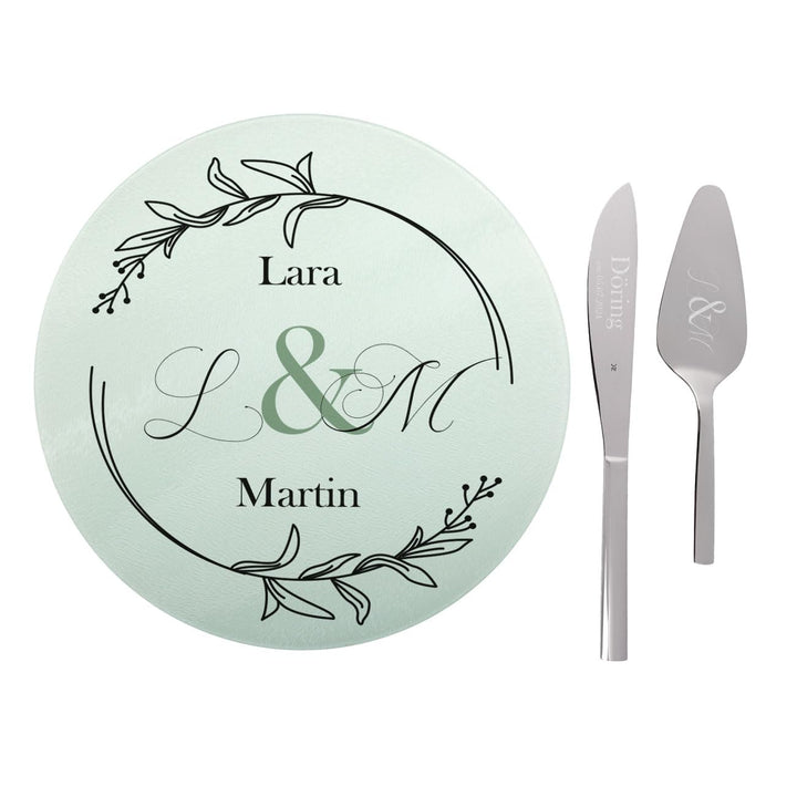Herz & Heim® WMF Tortenbesteck zur Hochzeit mit passendem Tortenteller, personalisiert, Motivauswahl