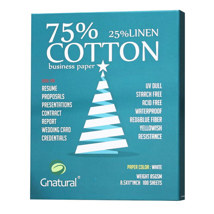 75% Baumwolle 25% Leinenpapier, 85 g/m², Laserdruckpapier, A4-Format, Weiss, 100 Blatt wasserfestes