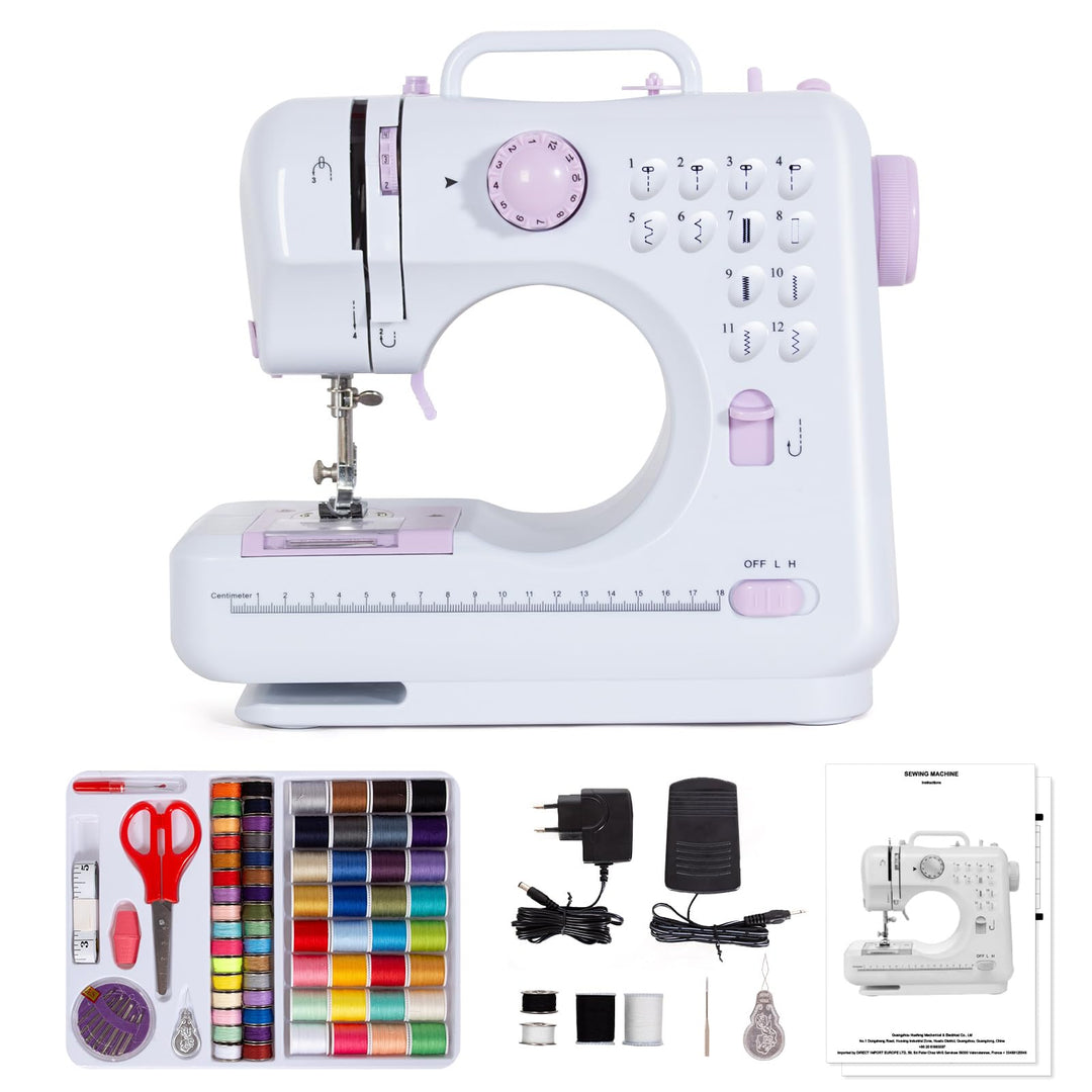 Todeco Nähmaschine für Anfänger und Kinder, 12 Stichmuster, Nähmaschine Klein mit Fusspedal Nählicht