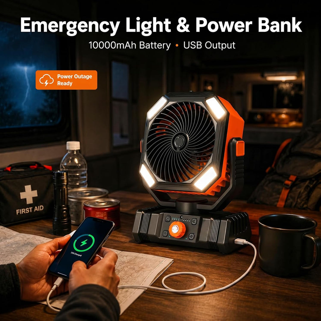 Camping Ventilator mit LED Laterne, 10000mAh Akku Outdoor Ventilator mit Sprühfunktion, Tragbarer Ve