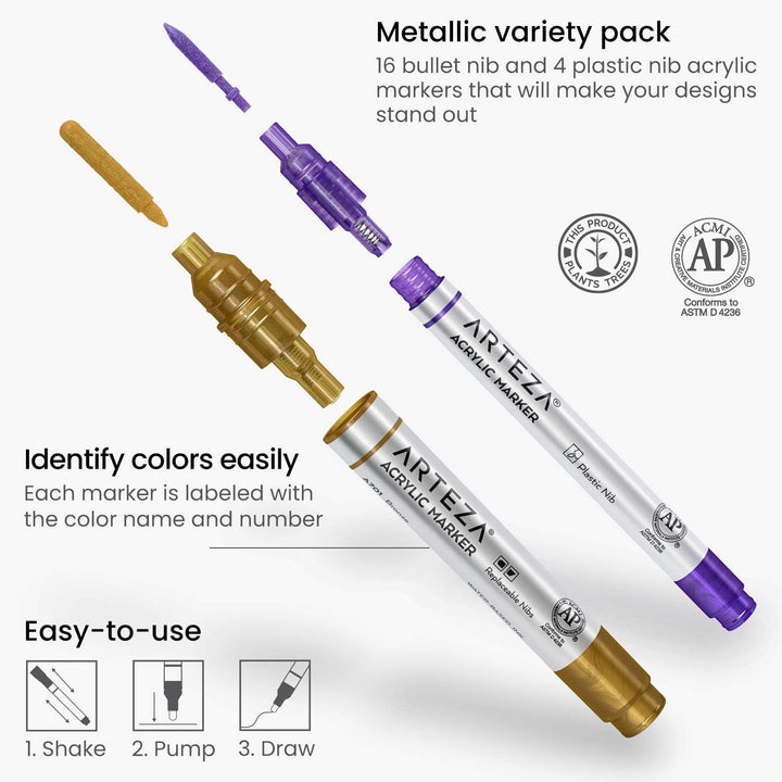 ARTEZA Acrylstifte Metallic, 20er Set verschiedene Acrylmarker mit austauschbaren Spitzen, metallic