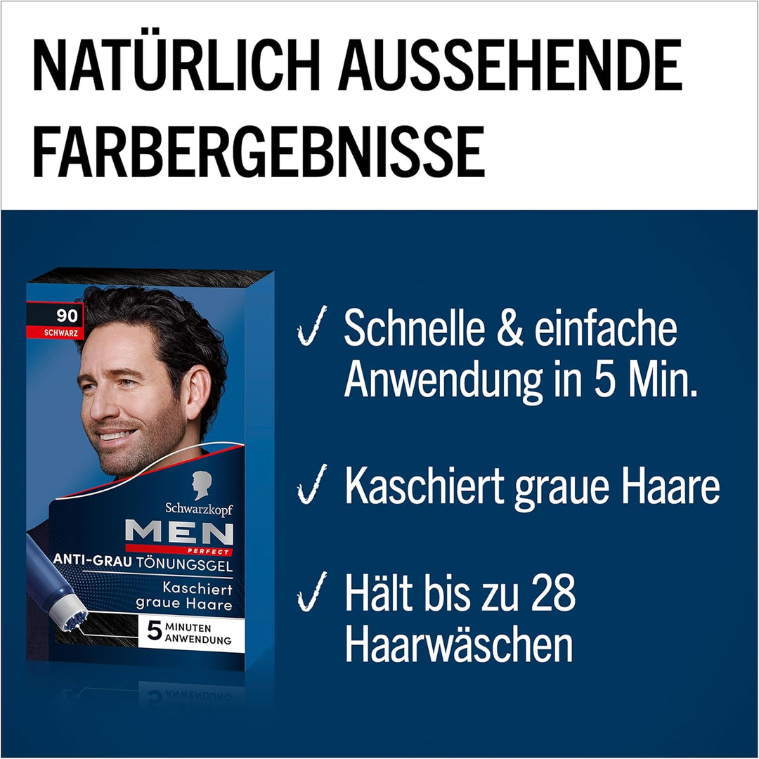 Schwarzkopf Men Perfect Anti-Grau Tönungs-Gel 90 Schwarz (80 ml), Haarfarbe für Männer blendet graue