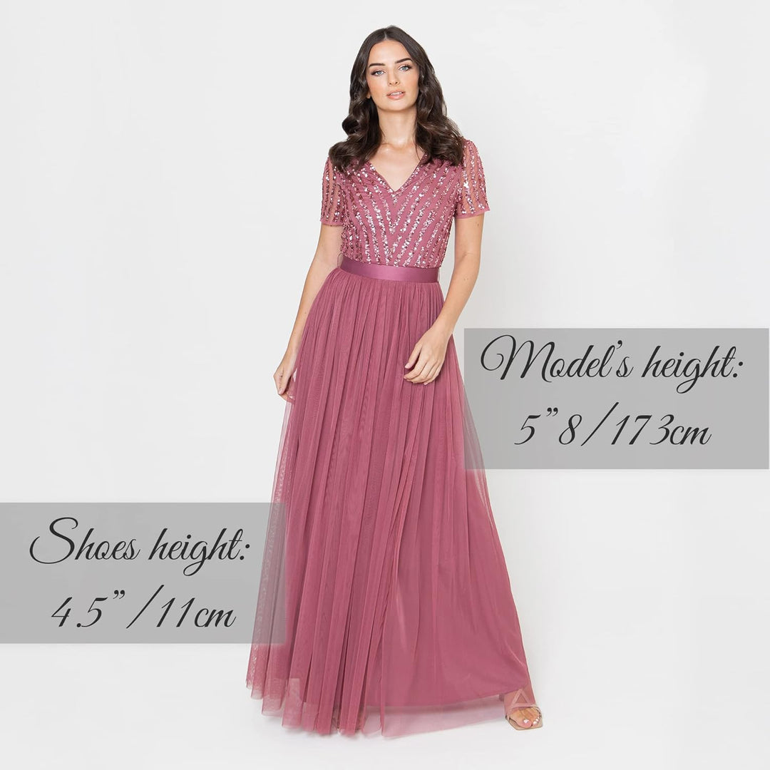 Maya Deluxe Damen Ballkleid Abendkleid V-Ausschnitt Maxi Länge Pailletten Kurze Ärmel für Hochzeit G