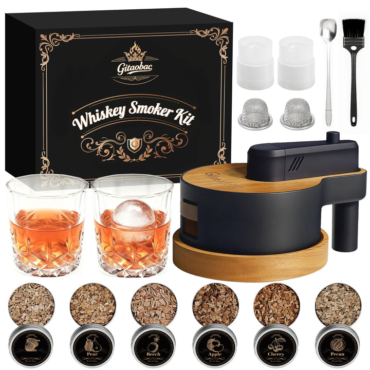 Whiskey-Smoker-Set mit integriertem Feuerzeug, 6 Sorten Holzspäne, 2 Gläser, 2 Eisballformen, Cockta