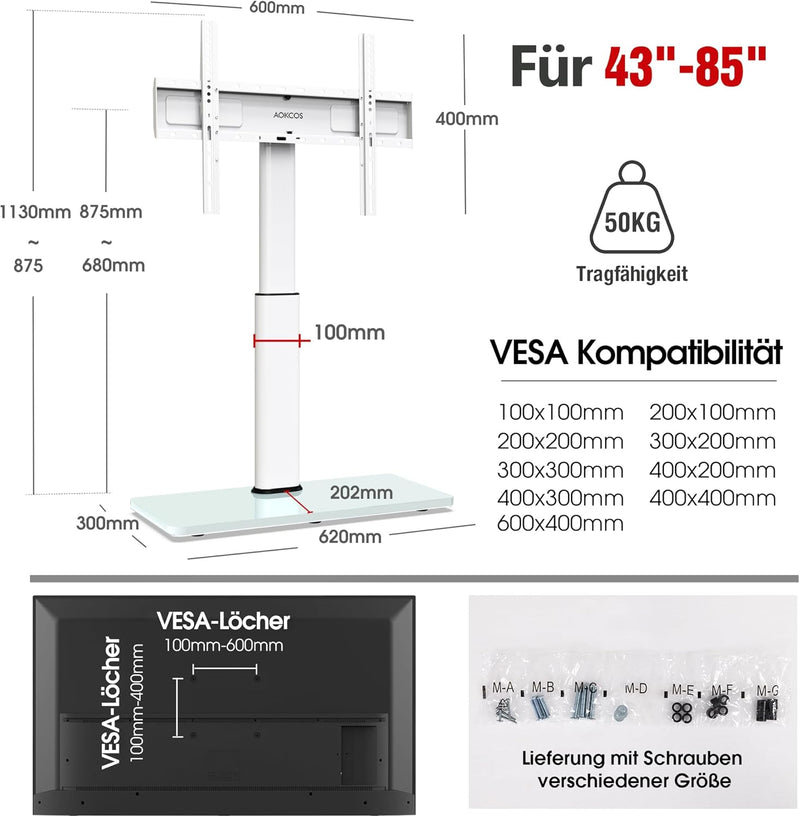 AOKCOS TV Standfuss TV Ständer Höhe 1130mm für 43-75 85 Zoll Fernseher, Neigbar Schwenkbar Höhenvers