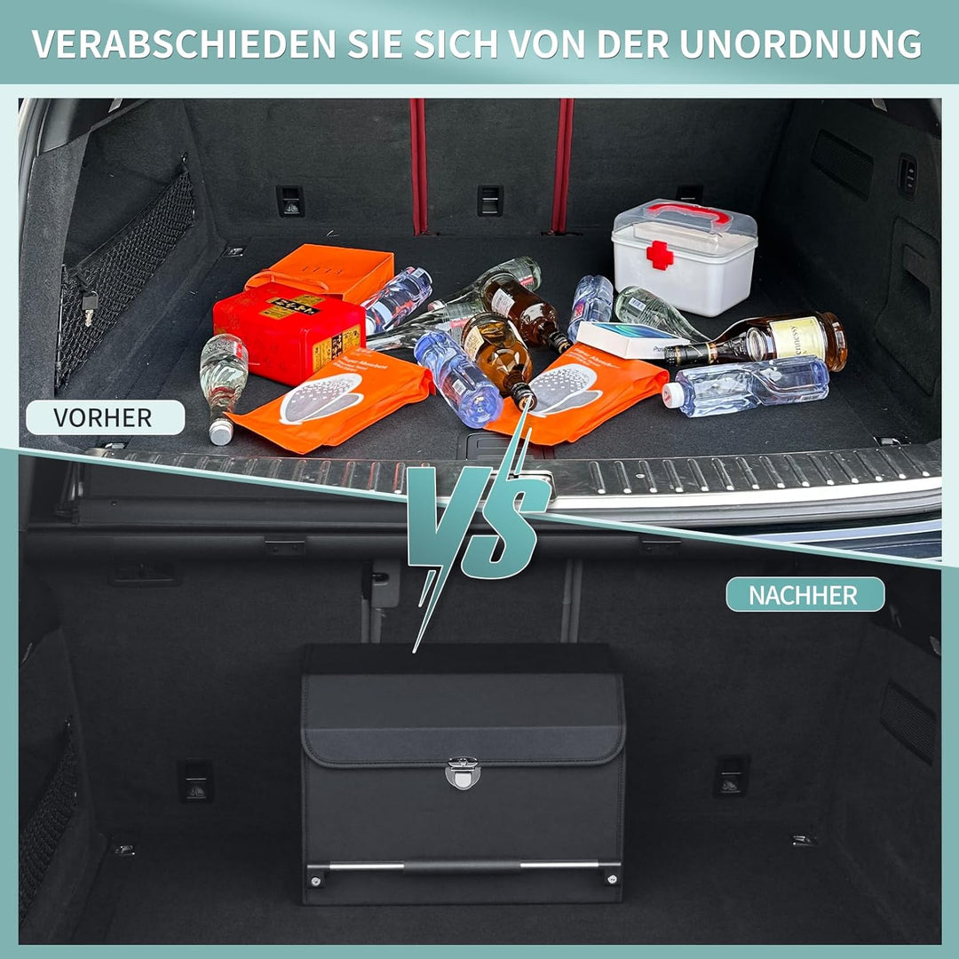 Auto Kofferraum Organizer mit Deckel, Premium Leder Kofferraumtasche mit stabilem Griff, Multifunkti