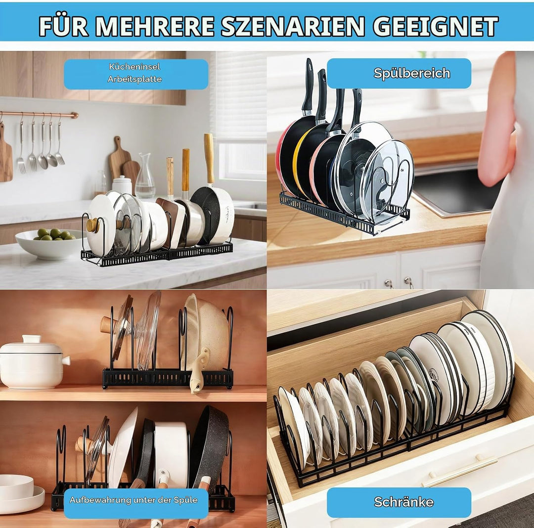 Verstellbarer Topf - Pfannenorganizer 2 teilig mit 20 Fächern, Ausziehbarer Topfdeckelhalter für Küc