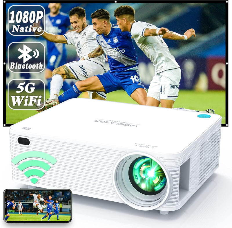 WISELAZER Beamer Full HD Heimkino Projektor, Native 1080P/Eingebauter Staubfilter/5G WiFi/Bluetooth/