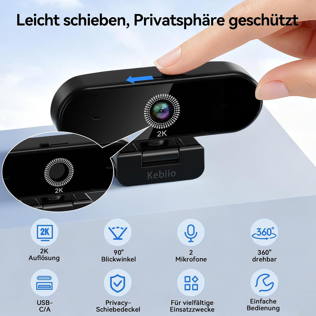 Webcam 2K, USB A/C Webcam mit Mikrofon für PC, Streaming Kamera mit Autofokus, 90°Ansicht, Plug & Pl