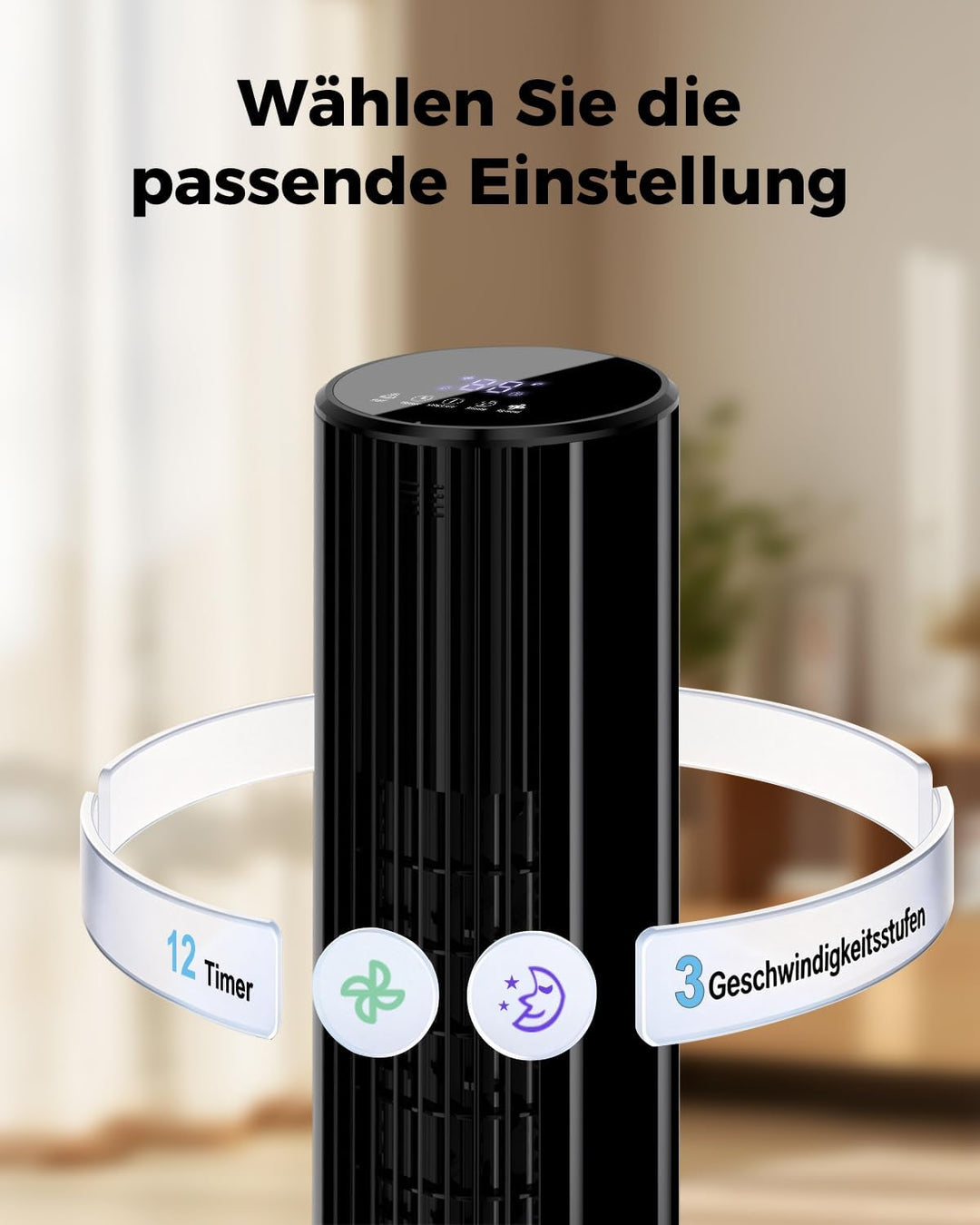 YASHE Turmventilator mit Fernbedienung, leiser Standventilator mit 28 dB, 3 Geschwindigkeiten, 2 Mod
