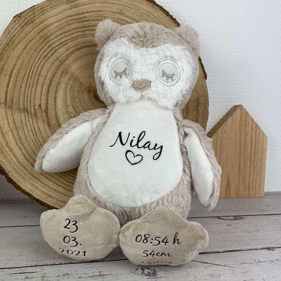 mamir home Eule Kuscheltier personalisiert mit Name + Geburtsdaten I 28cm Plüschtier I Baby Geschenk