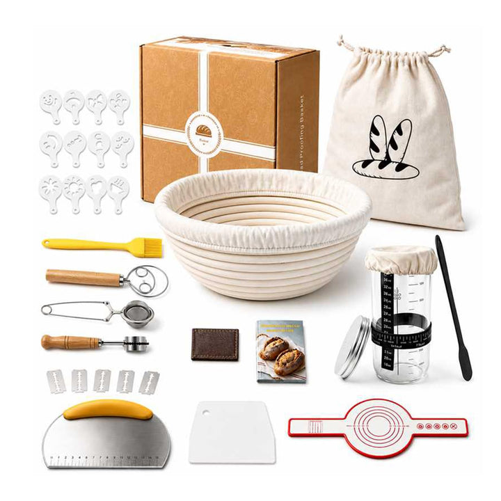 Sauerteig Starter Set mit Gärkorb, Gärglas und Brotbackzubehör | Brotbackset Mit Gärkörbchen 23CM mi