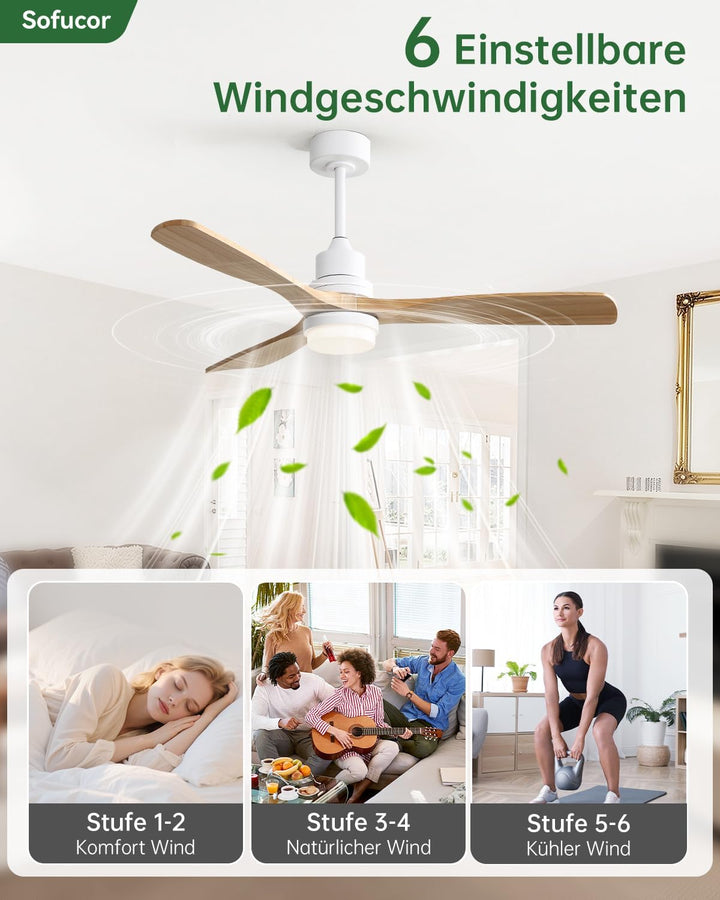 Sofucor Deckenventilator mit Beleuchtung und Fernbedienung, Deckenventilator mit Licht, 3 Holzlüfter