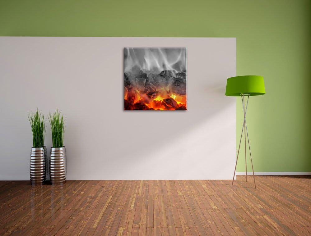 Pixxprint brennende Holzkohle in Kamin schwarz/weiss, Format: 70x70 auf Leinwand, 70x70