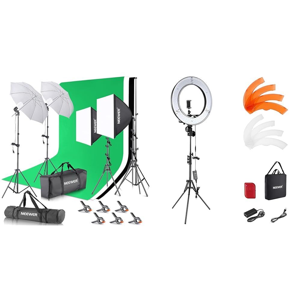 NEEWER Fotostudio Set mit Hintergrund Fotografie & Ringlicht mit Stativ Set: 18 Zoll/45cm Aussen 55W