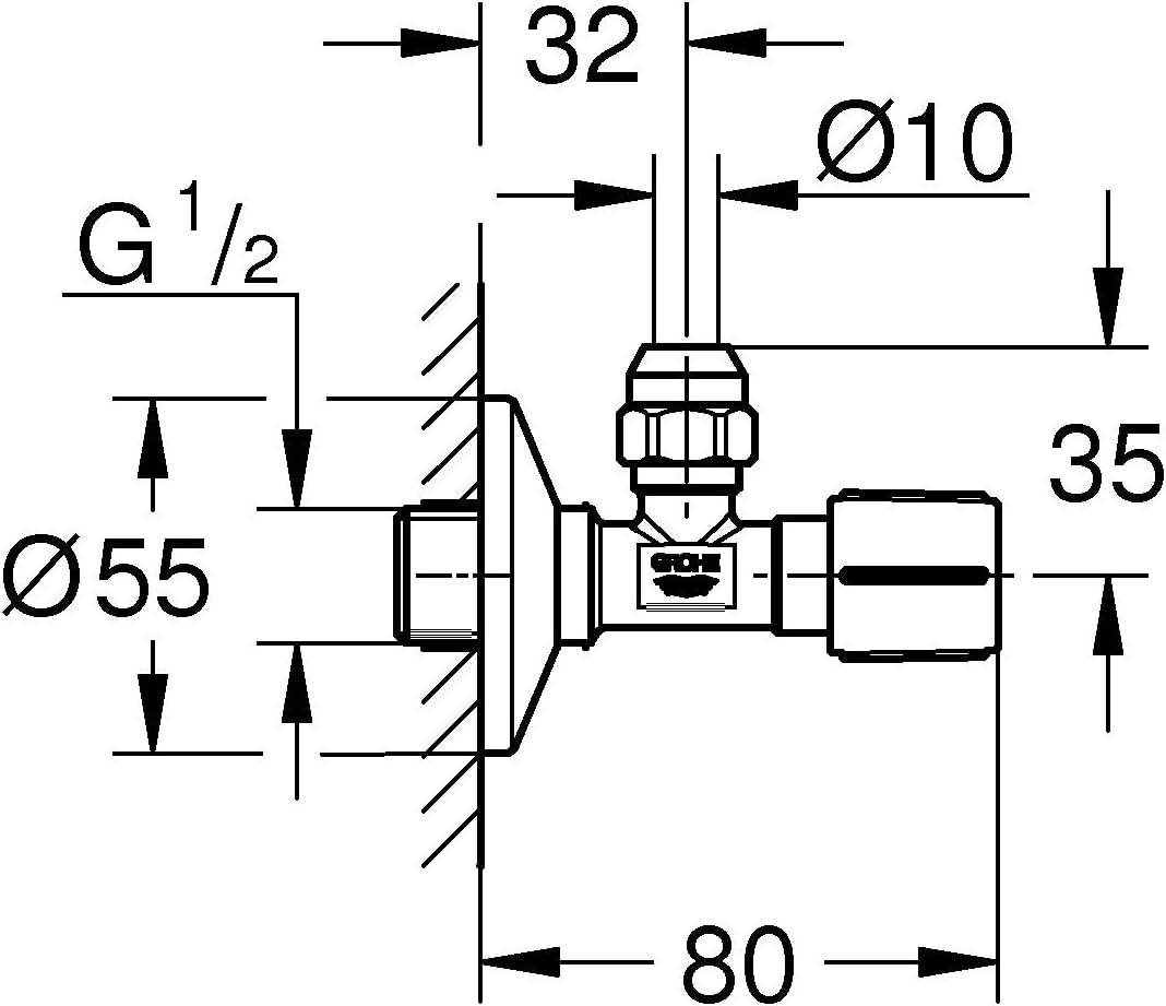 GROHE Eckventil (Wandschluss 1/2", Abgang 3/8", mit Längenausgleich, mit 10mm Quetschverschraubung,