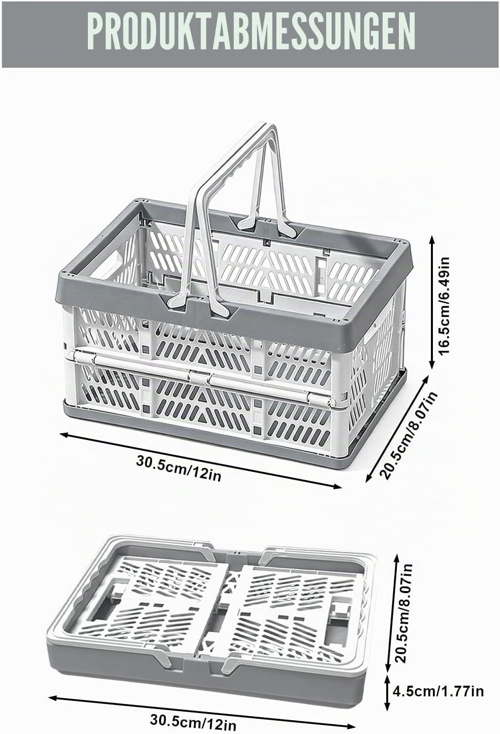 Klappkorb Faltbar, 2er Set Klappbox Klein mit Henkel 10 L Grau, Multifunktionaler Aufbewahrungskorb