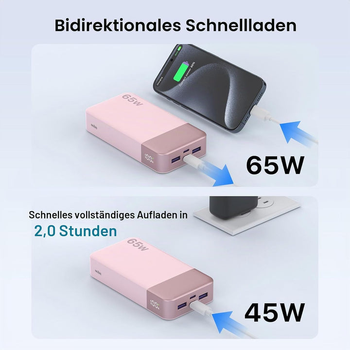 NOBIS Powerbank 20000mAh, 65W Schnellladung Power Bank, Tragbarer Ladegerät mit Digitalanzeige, Dual
