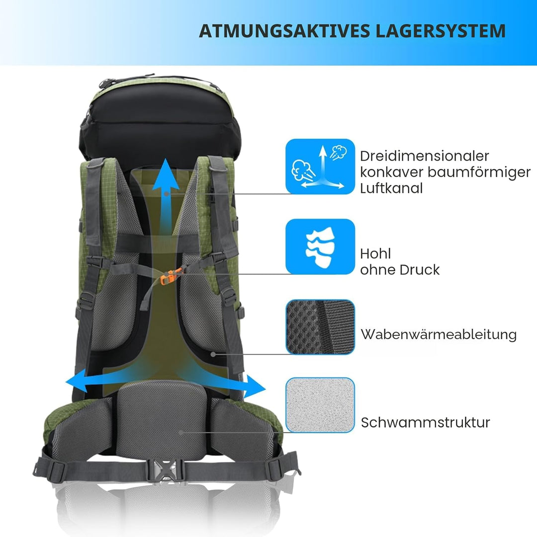 Bseash 80L Wasserdichter Wanderrucksack mit Regenschutz, leichter Outdoor-Sport, Reisen, Tagesrucksa